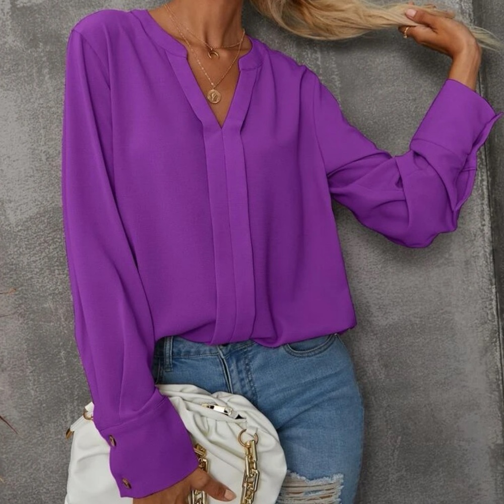 New notched v neck purple long sleeve blouse - Picture 4 of 6